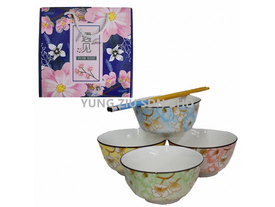 4PCS 4.25^ BOWL+4 PAIR CHOPSTICKS SET(JASMINE)